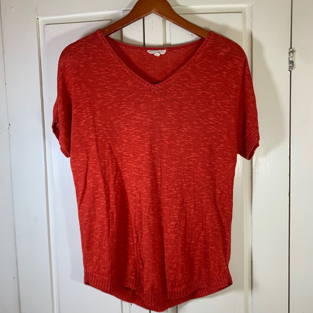 Eileen Fisher Womens Linen Cotton V-Neck Short Sleeve Knit Top Orange Red S